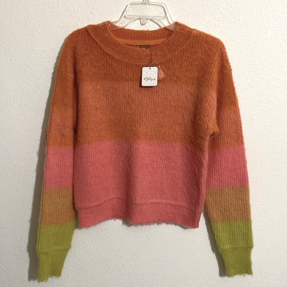FREE PEOPLE Autumn Sky Colorblock Tri-Tone Pullover Wool Blend Sweater Size S